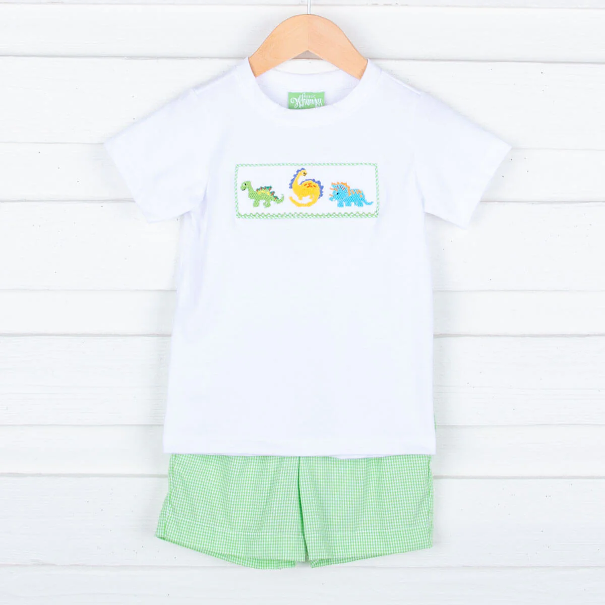 Dinosaur Smocked Green Gingham Short Set