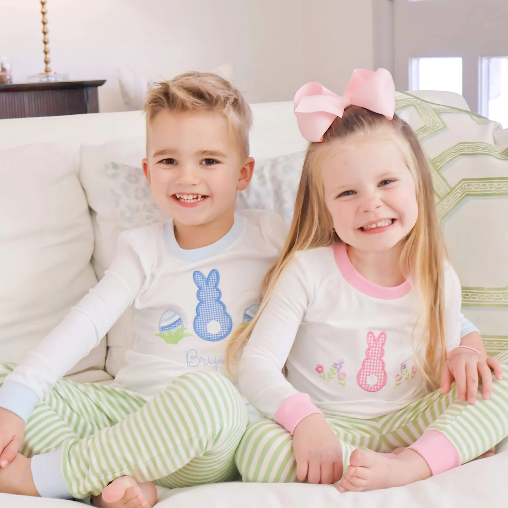 Easter Bunny Pink Trim Green Stripe Pajamas - Image 5