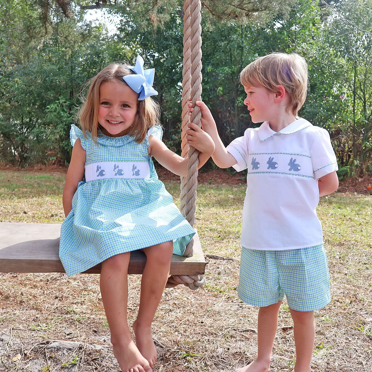 Easter Bunny Smocked Blue & Green Gingham Beverly Dress - Image 4