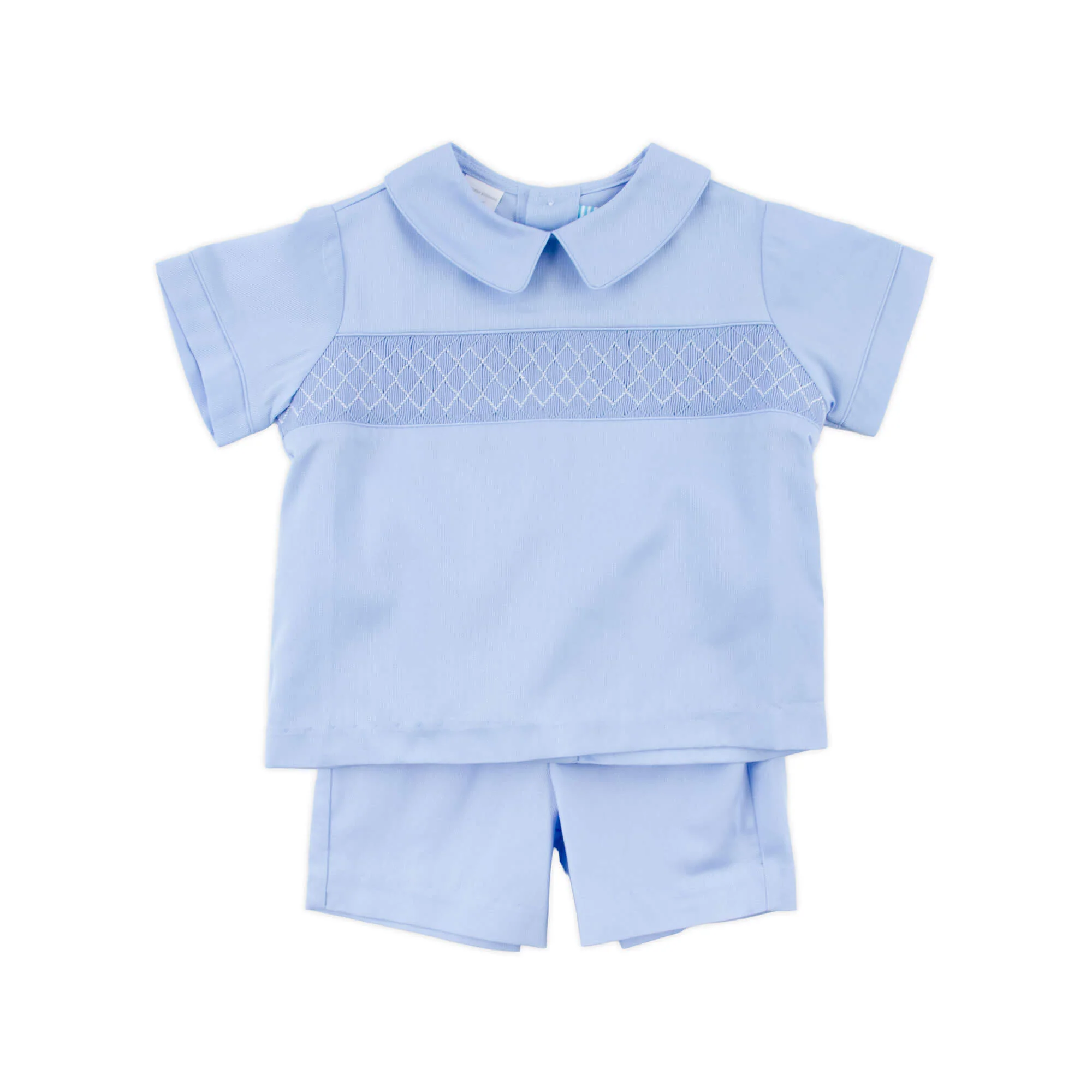 Blue Pique Smocked Collared Short Set