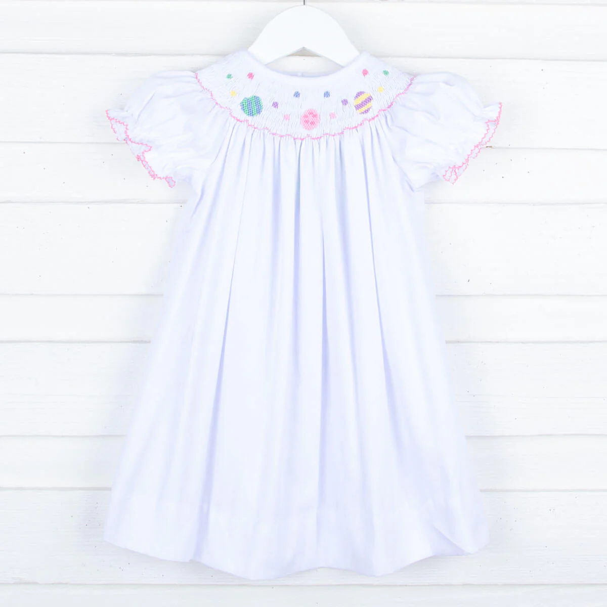 Easter Eggs Smocked White Bishop Dress