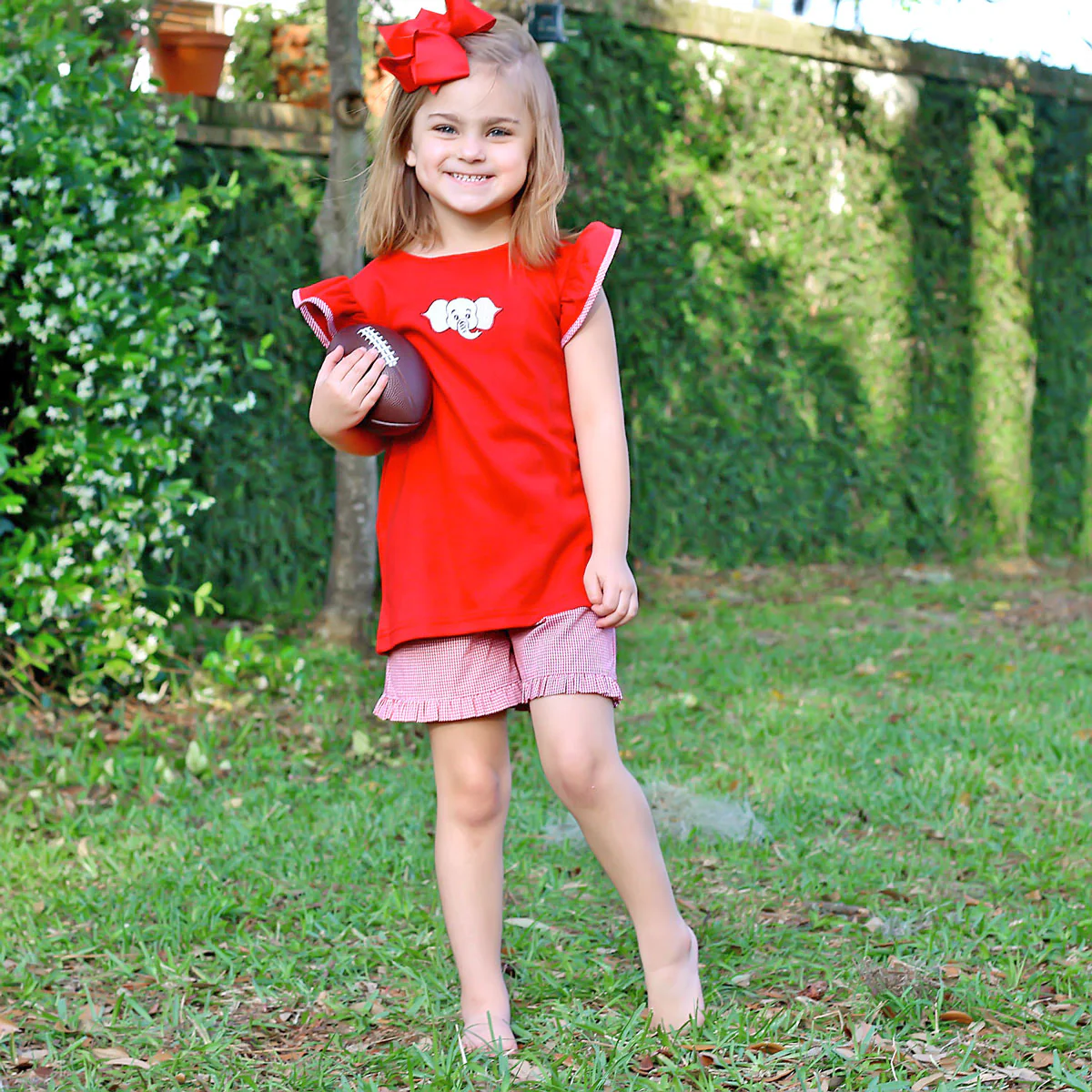Embroidered Elephant Short Set Red Gingham