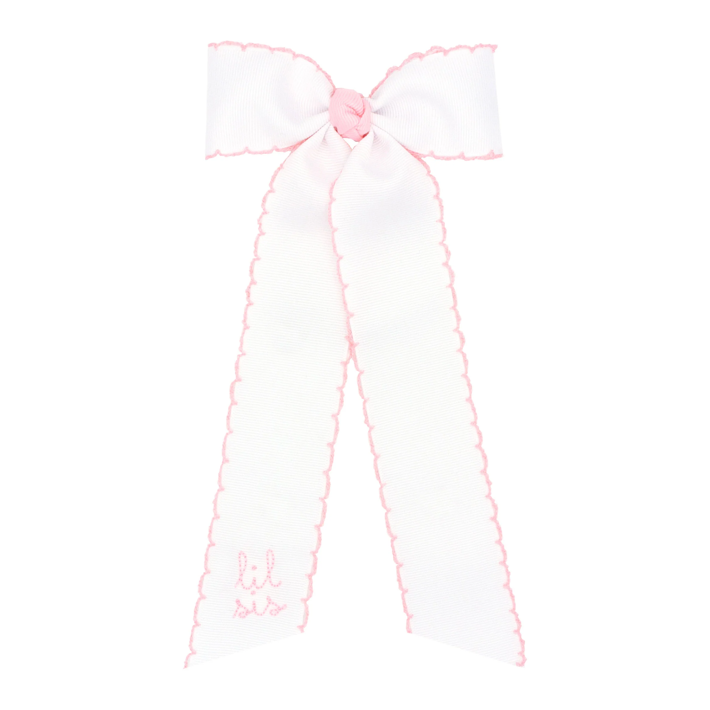 Embroidered Lil Sis Moonstitch White Bow Streamer