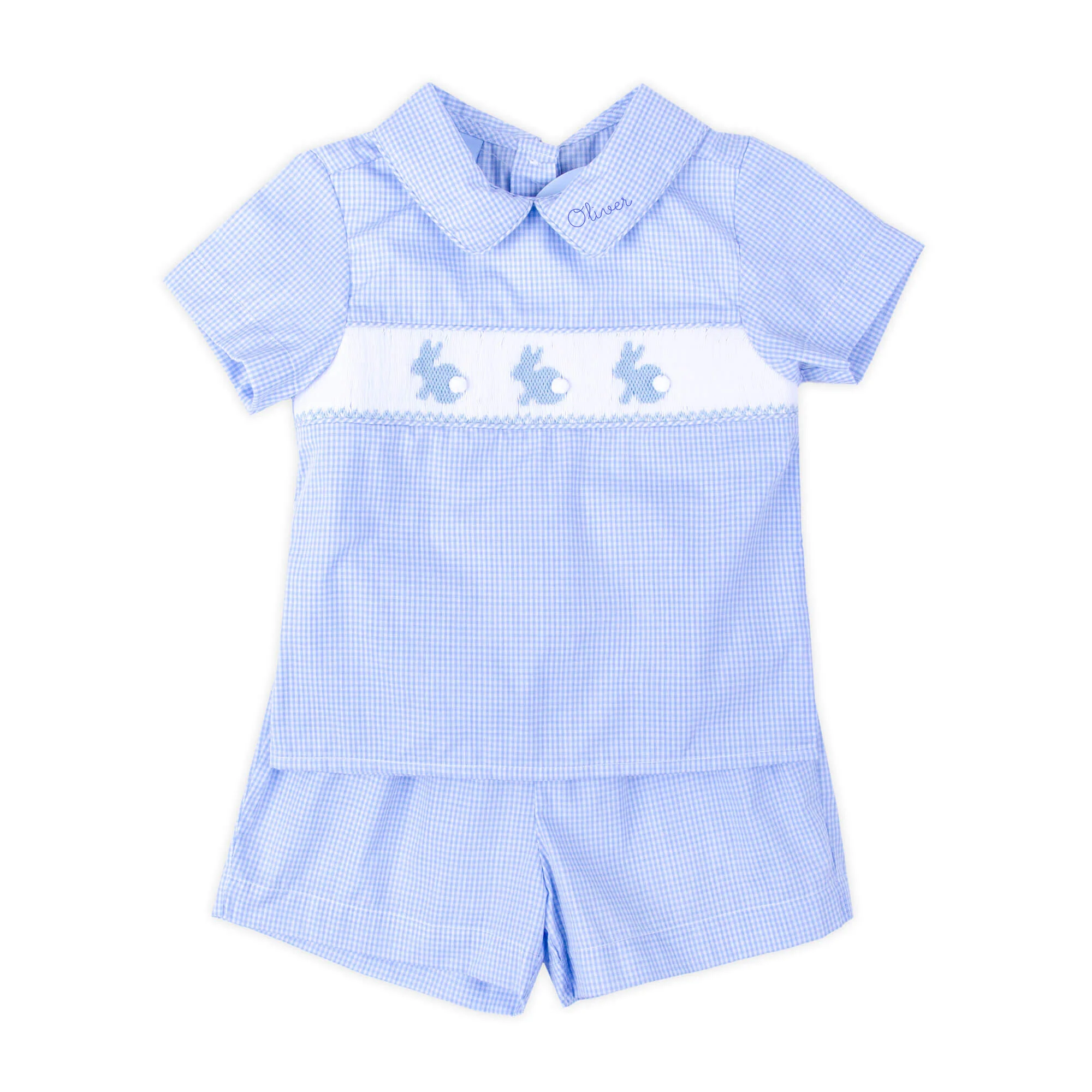 Enchanted Bunny Blue Gingham Smocked Collared Short Set