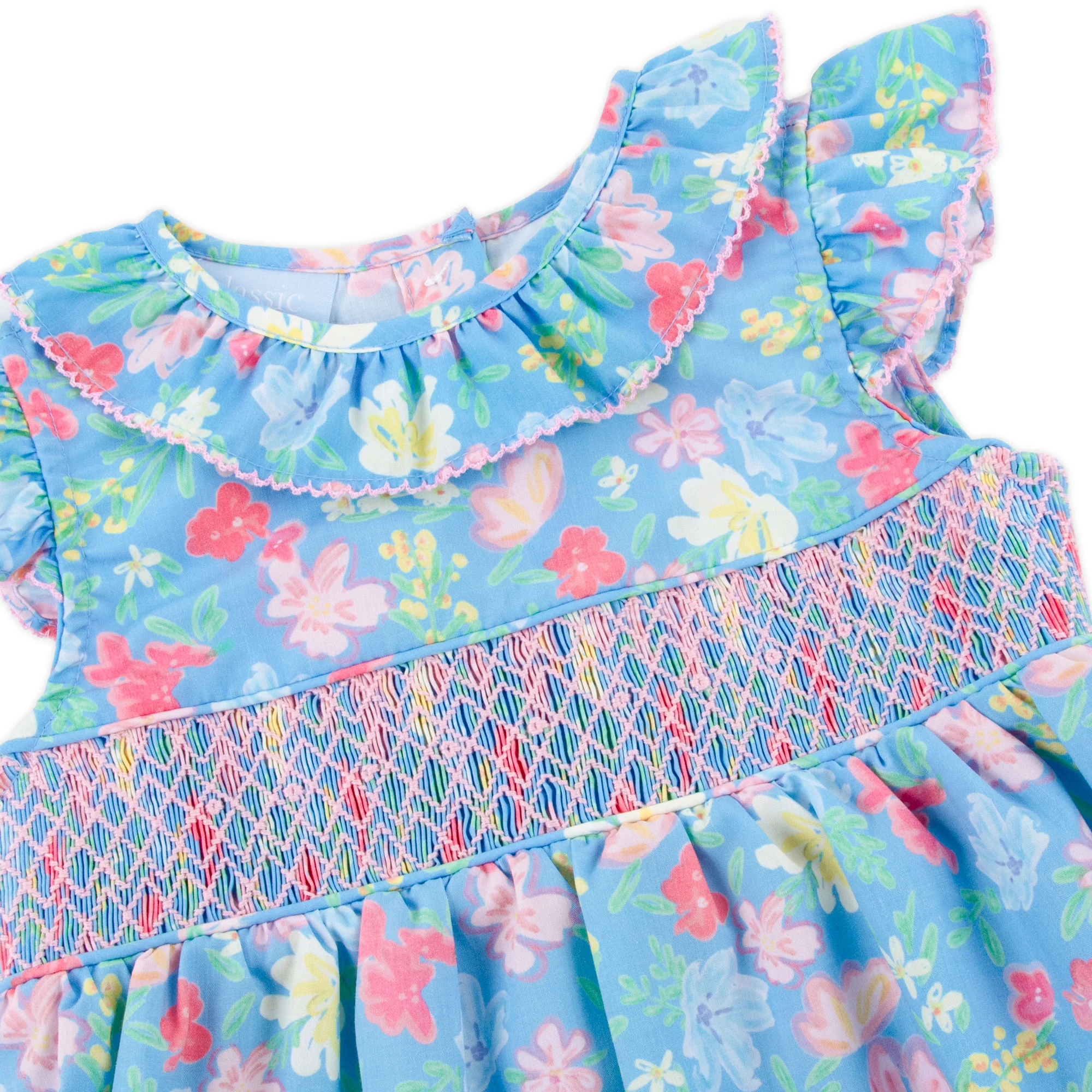 Evergrace Floral Blue Smocked Ruffle Collared Dress - Image 2