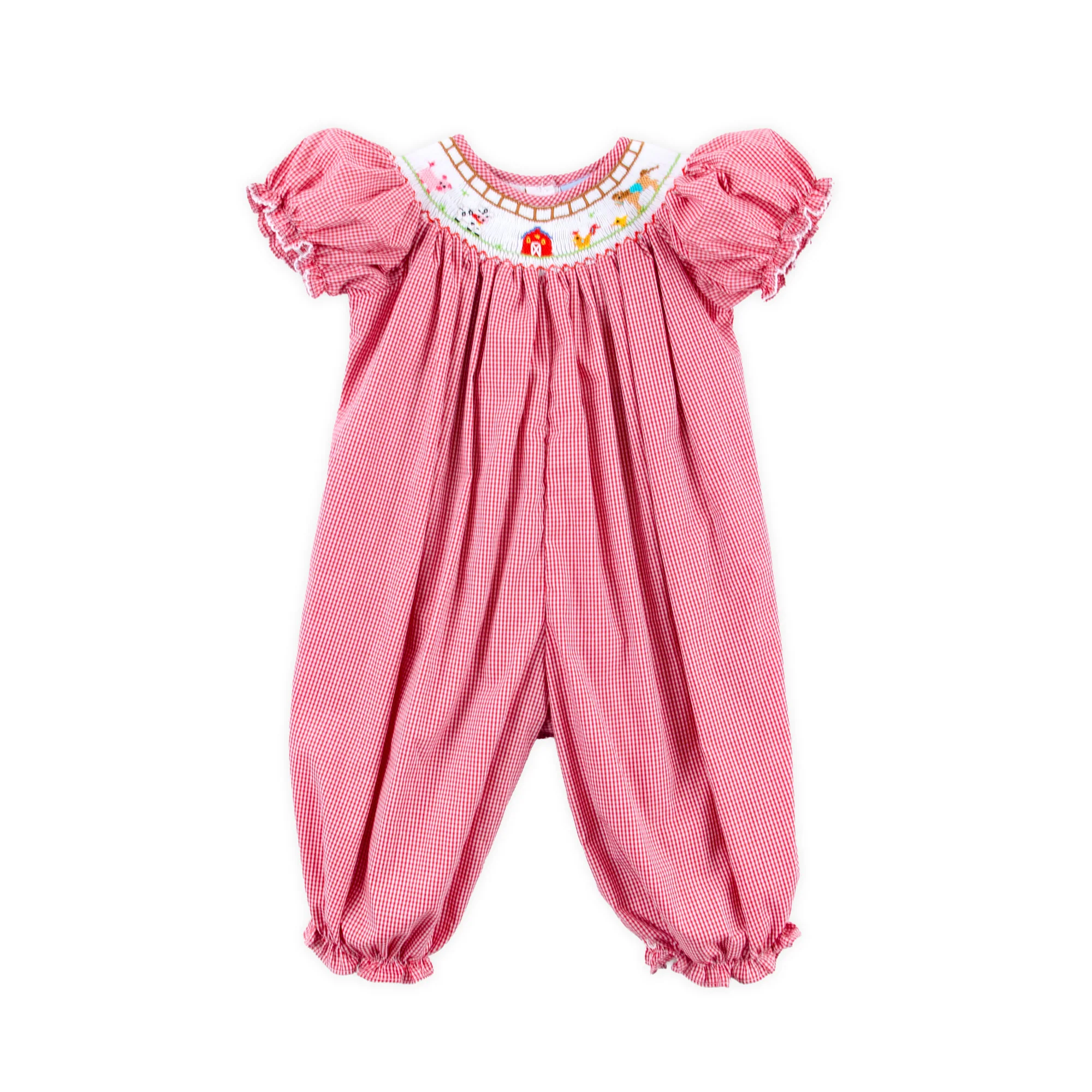 Farm Smocked Red Gingham Long Bubble