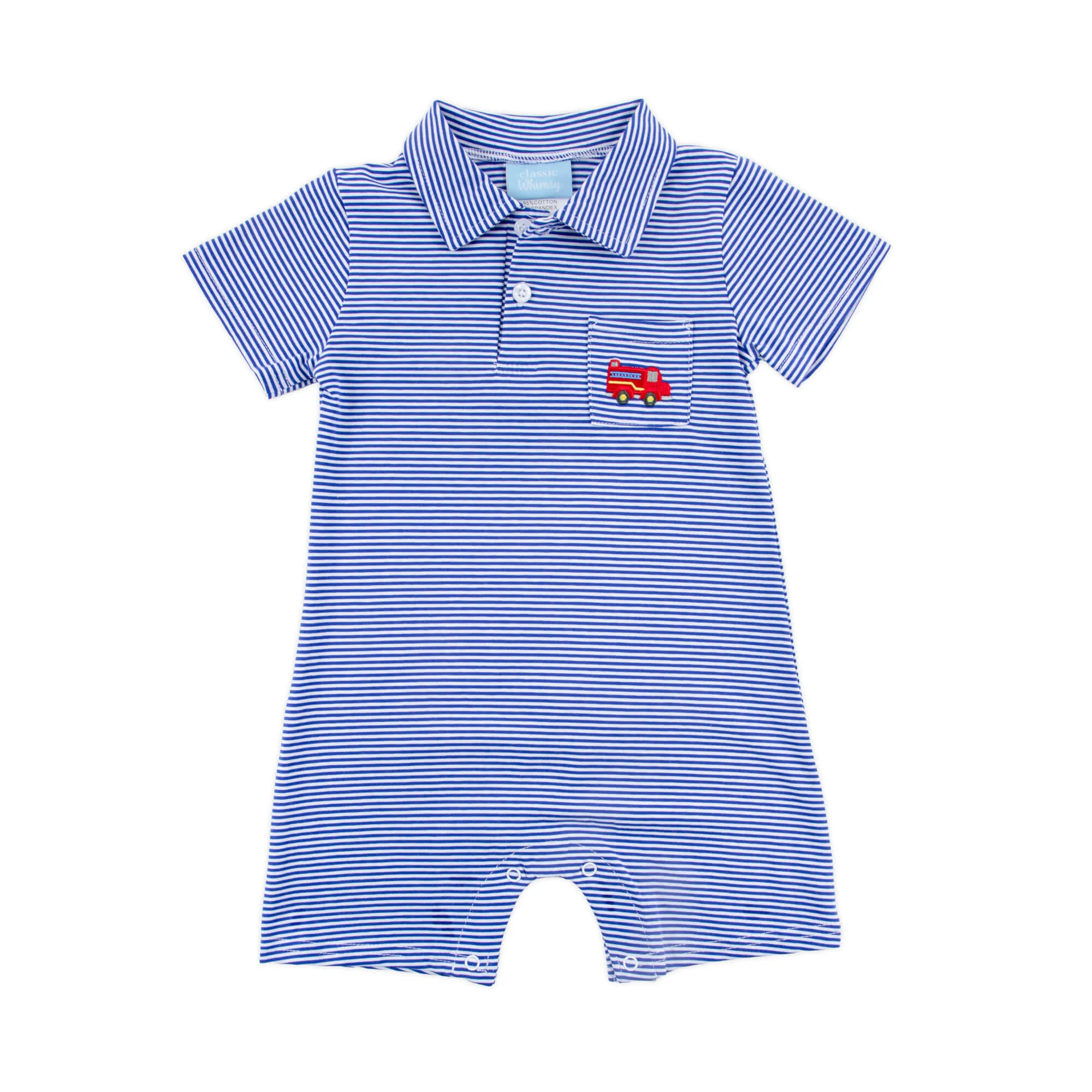 Fire Truck Royal Stripe Pocket Polo Romper