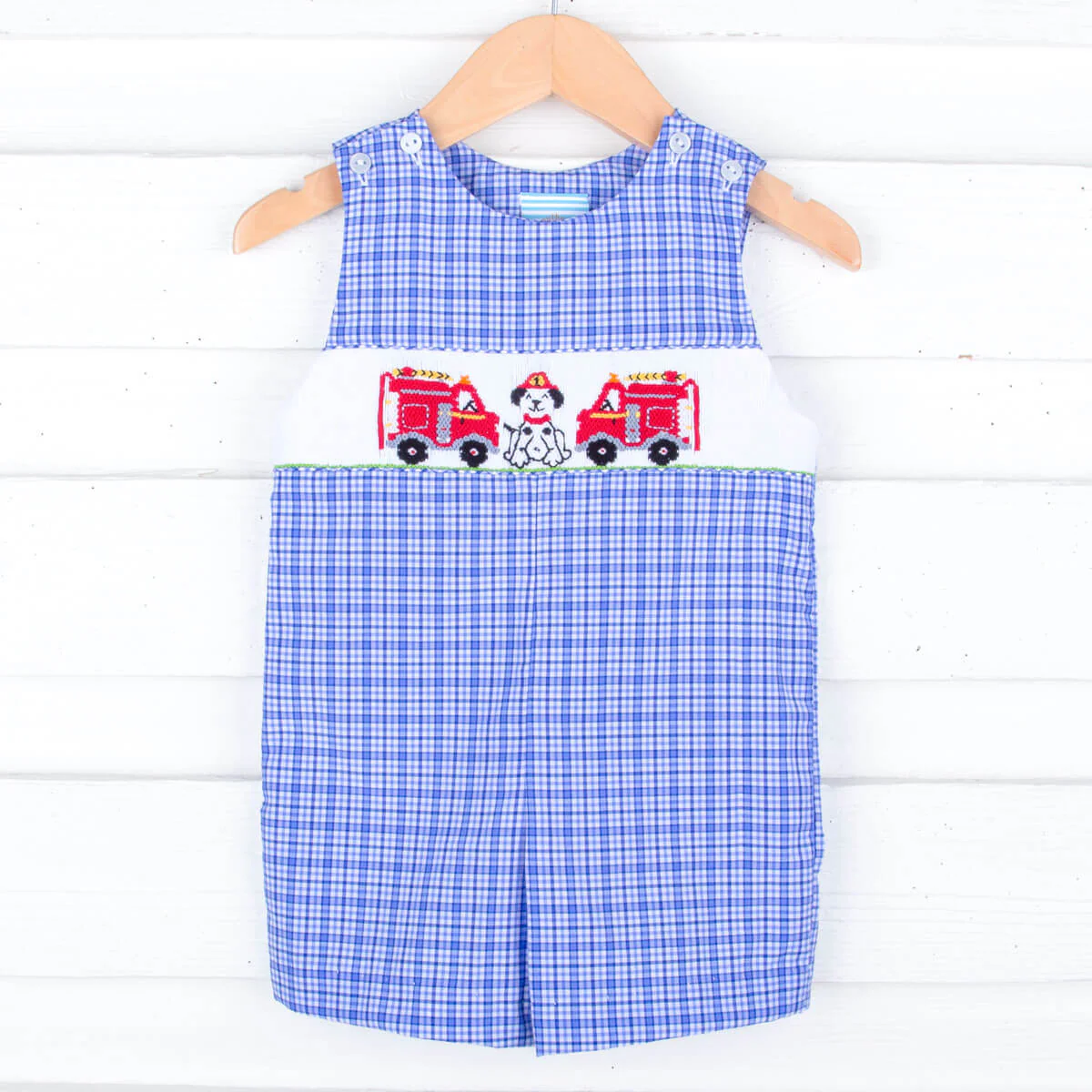 Fire Trucks Smocked Blue Plaid Jon Jon