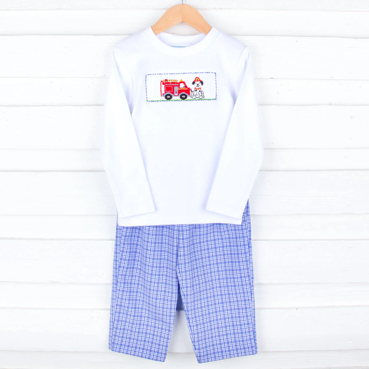 Fire Trucks Smocked Blue Plaid Pant Set