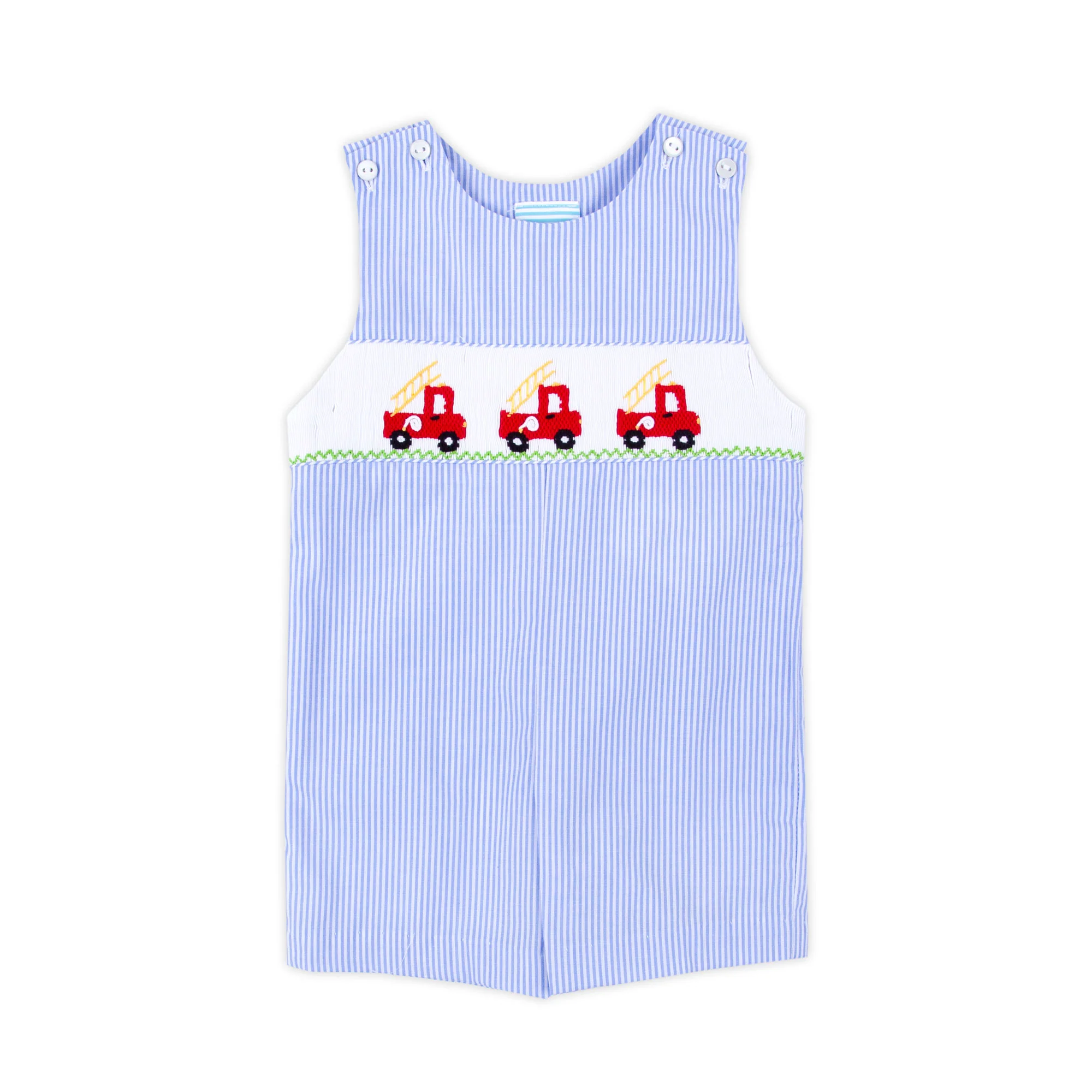 Fire Truck Light Blue Stripe Smocked Jon Jon