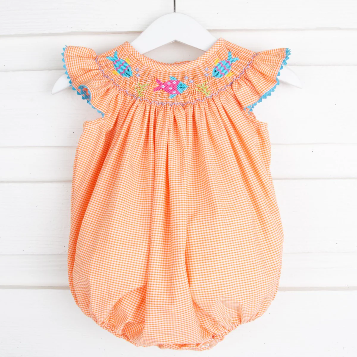 Fish Smocked Bubble Orange Gingham