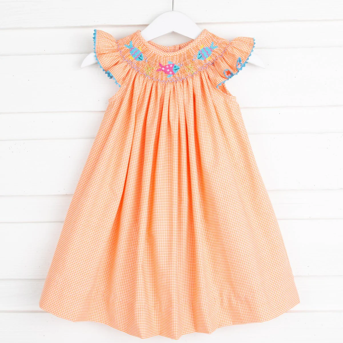 Fish Smocked Dress Orange Gingham
