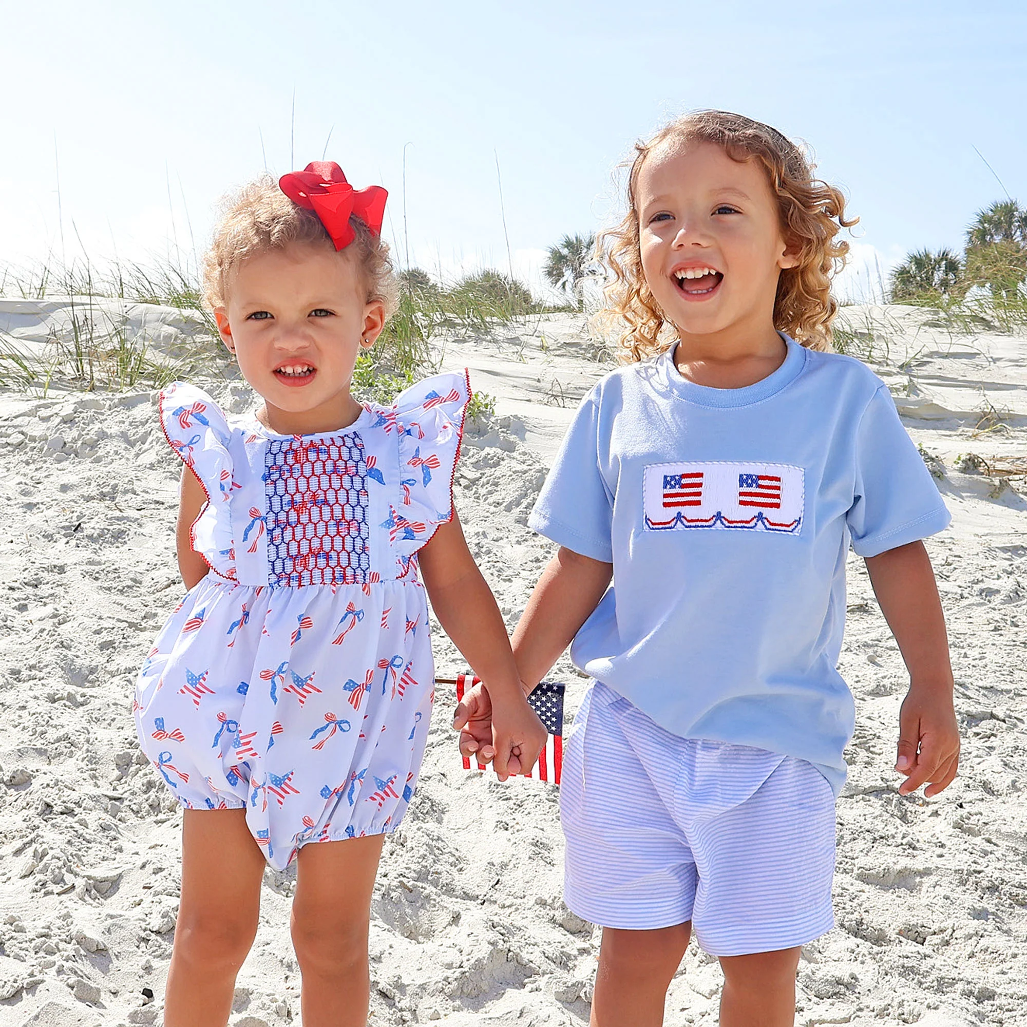 Flag Smocked Blue Stripe Seersucker Short Set - Image 3