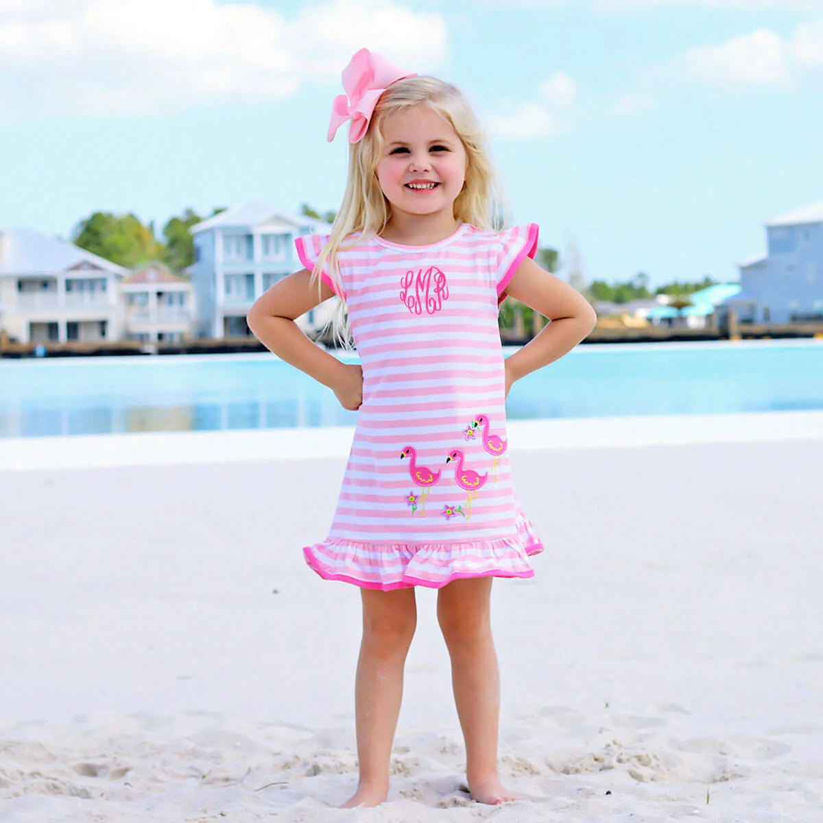 Flamingo Applique Pink Stripe Milly Dress