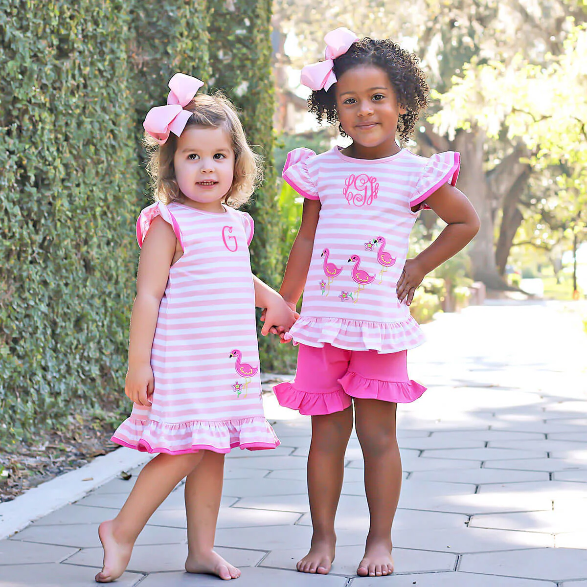 Flamingo Applique Pink Stripe Ruffle Short Set - Image 6
