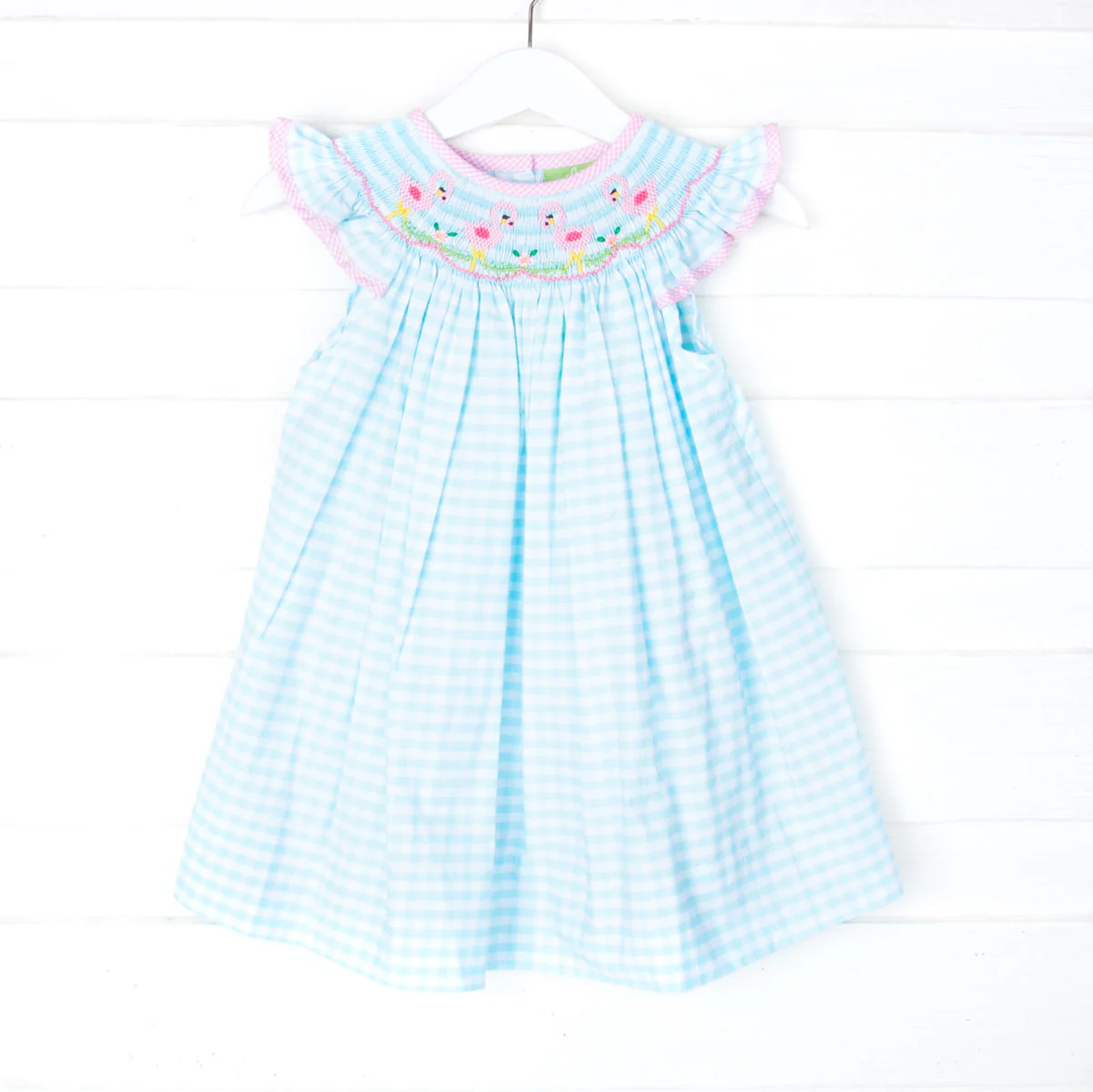Flamingo Smocked Aqua Gingham Dress
