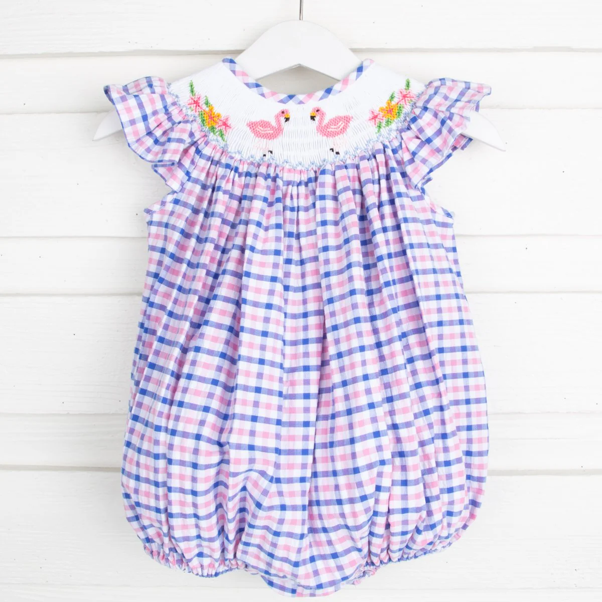 Flamingo Smocked Bubble Blue and Pink Seersucker