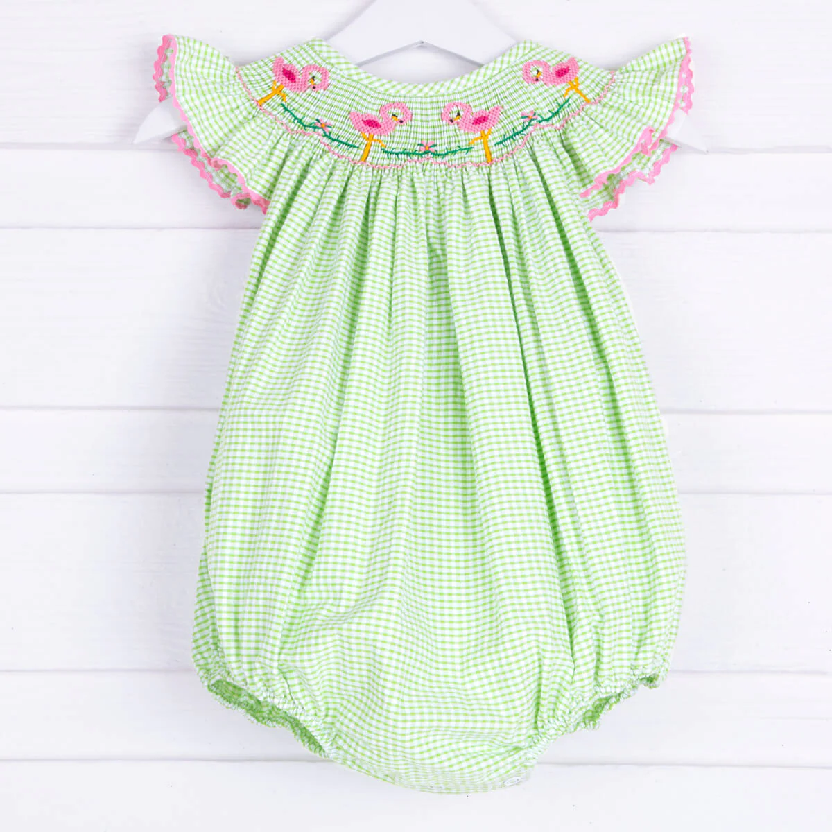 Flamingo Smocked Bubble Lime Green Seersucker