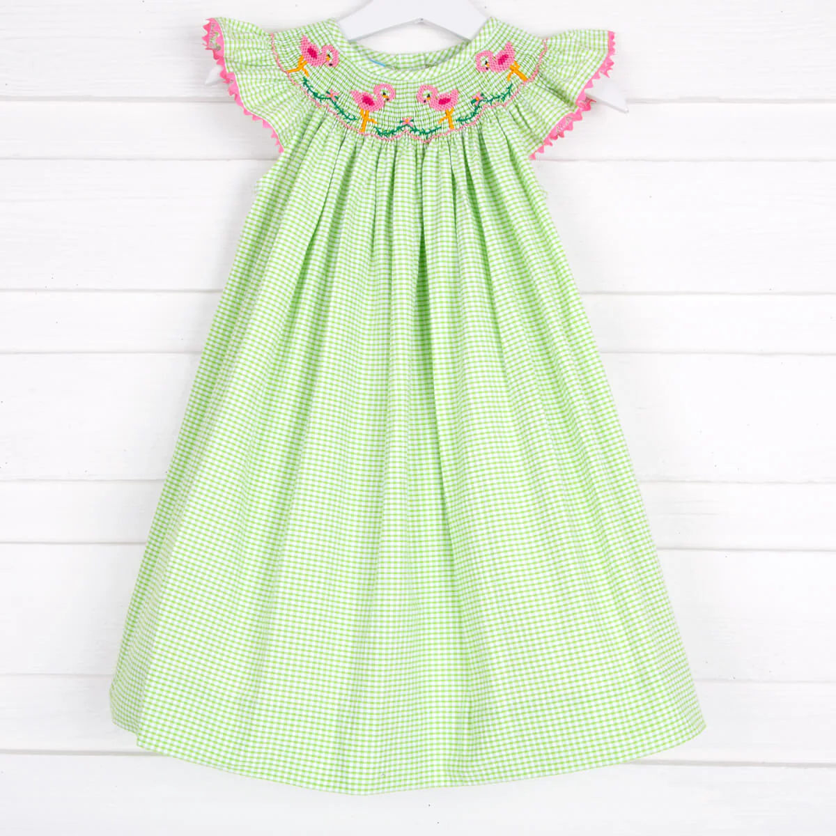 Flamingo Smocked Dress Lime Green Seersucker