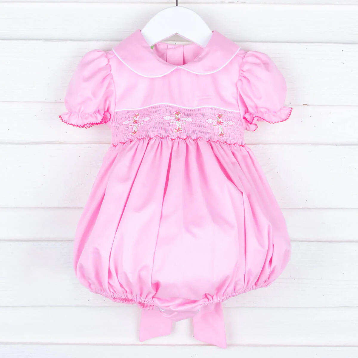 Floral Cross Smocked Pink Sash Bubble