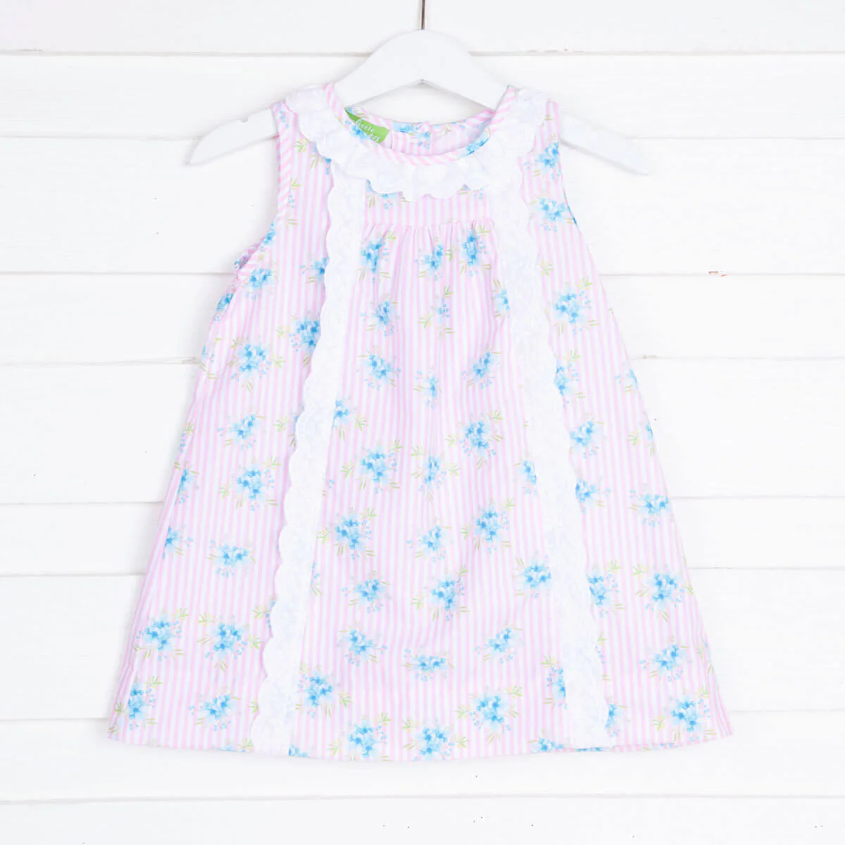 Floral Stripe White Lace Collared Dress
