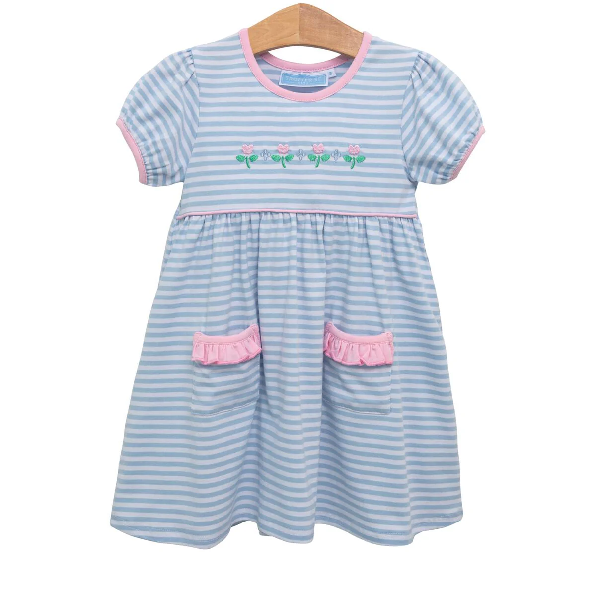 Flower Embroidered Light Blue Stripe Dress