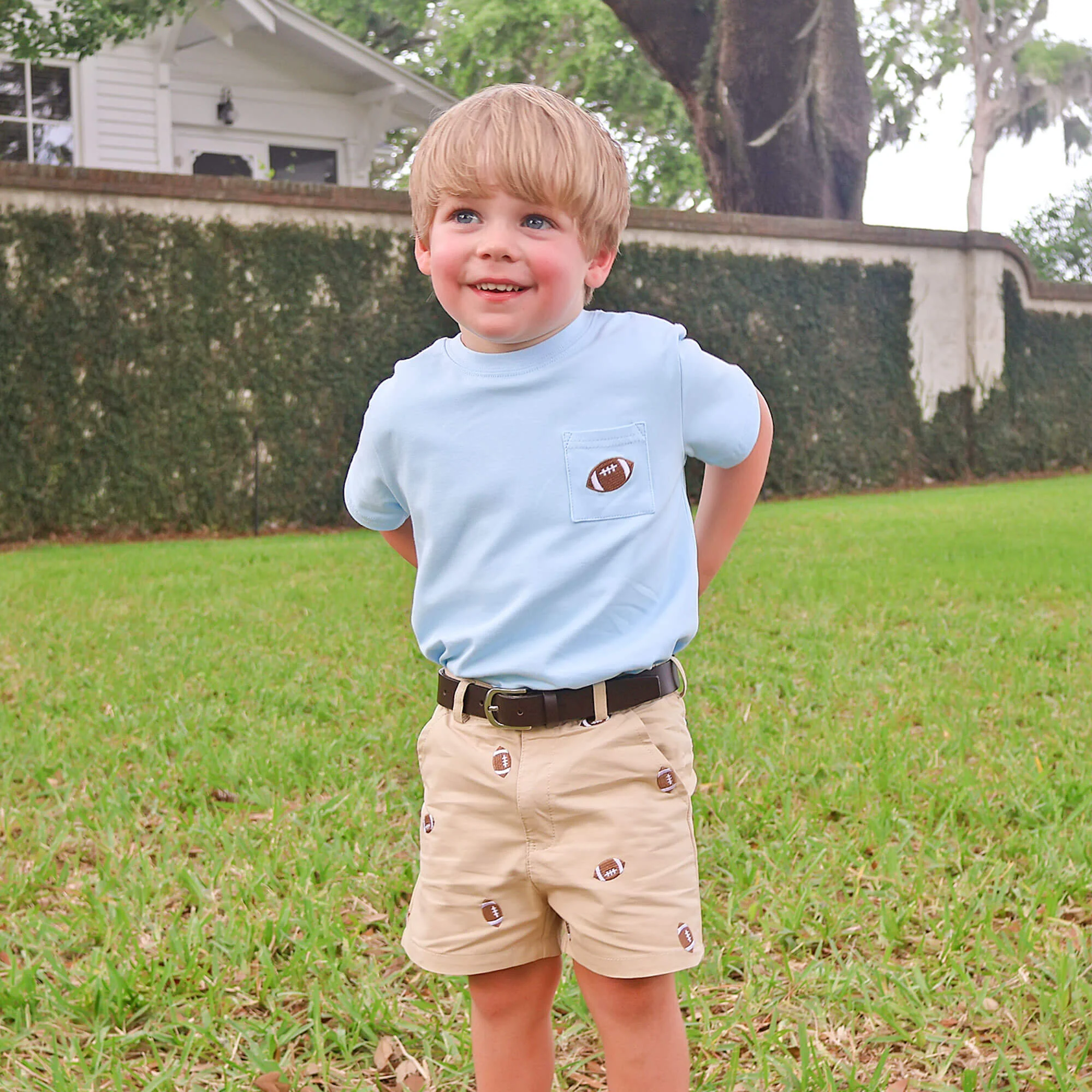 Football Embroidered Light Blue Short Sleeve Pocket Shirt - Image 3