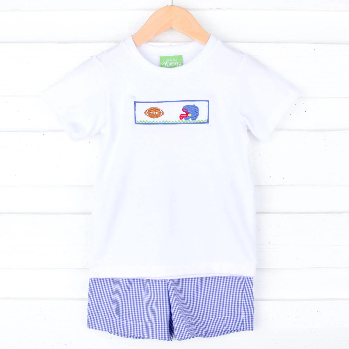 Football Smocked Royal Blue Gingham Short Set
