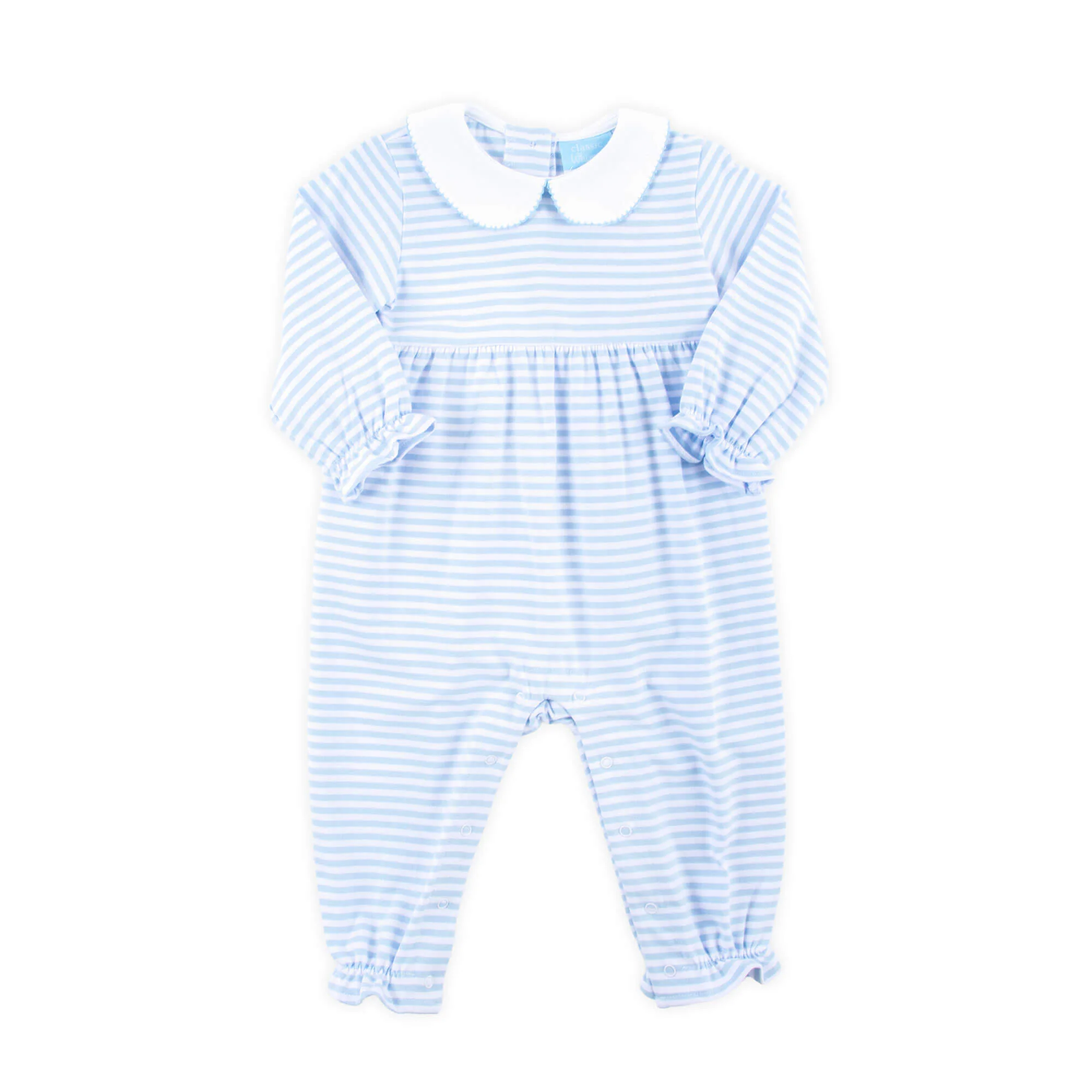 French Blue Stripe Ruffle Romper - Image 2