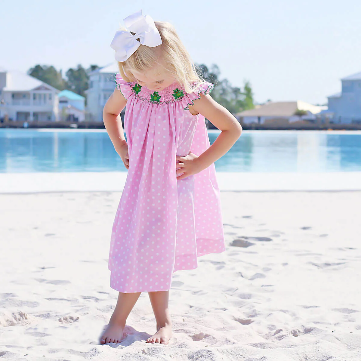 Frog Smocked Pink Dotted Dress