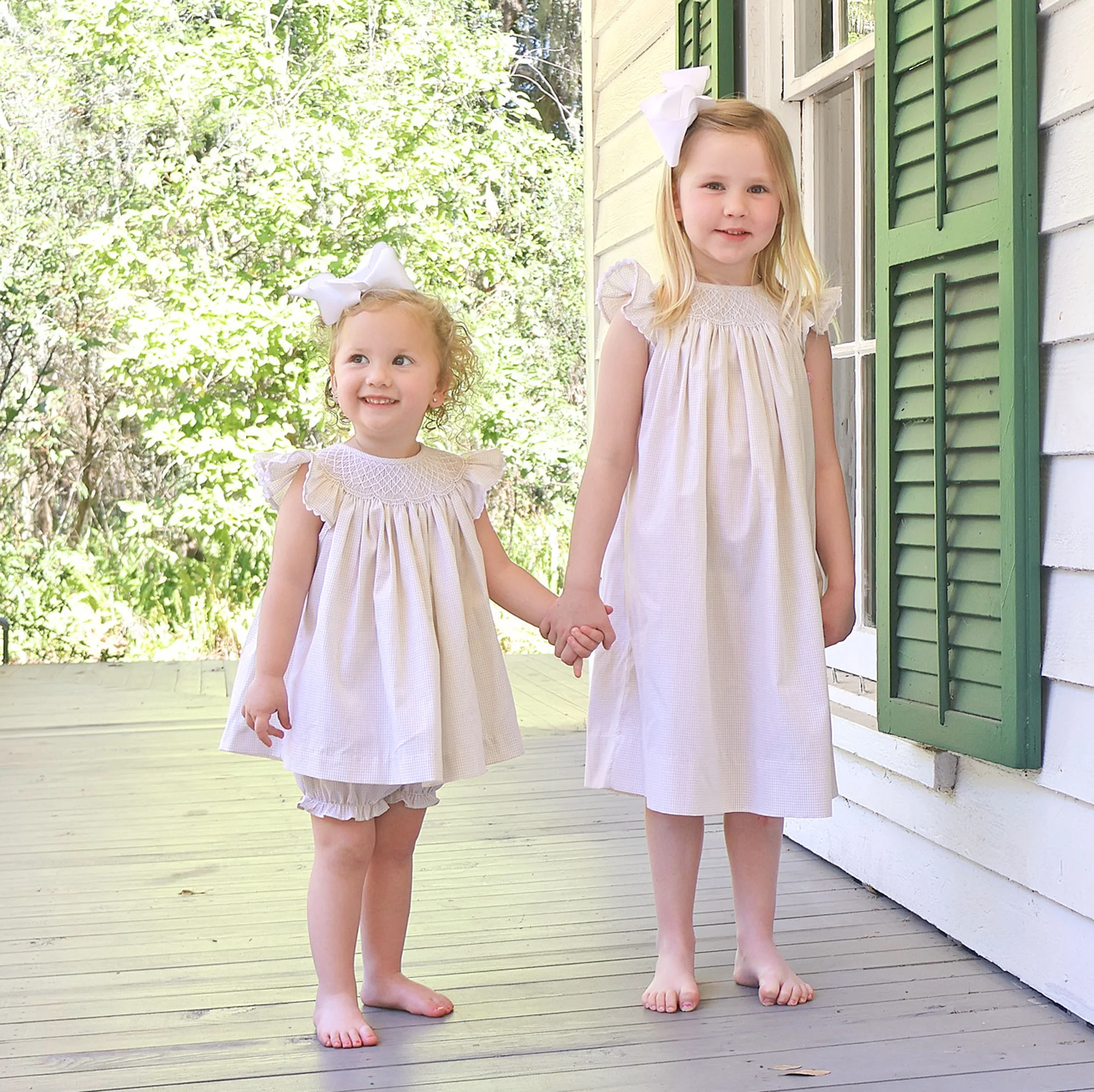 Geo Smocked Tan Gingham Angel Sleeve Bloomer Set - Image 5