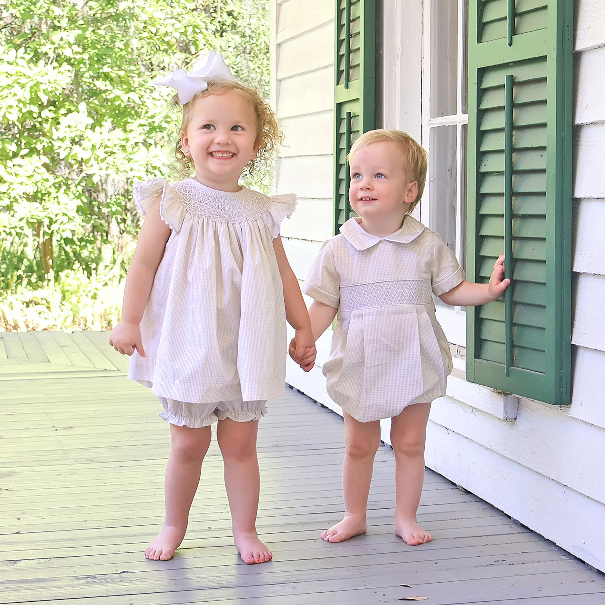 Geo Smocked Tan Gingham Angel Sleeve Bloomer Set - Image 6