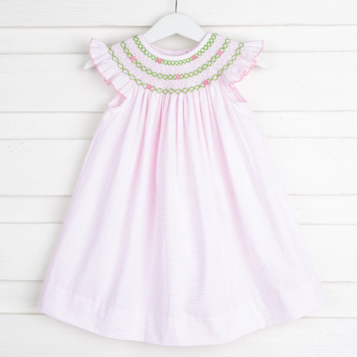 Geometric Floral Smocked Dress Pink Stripe Seersucker