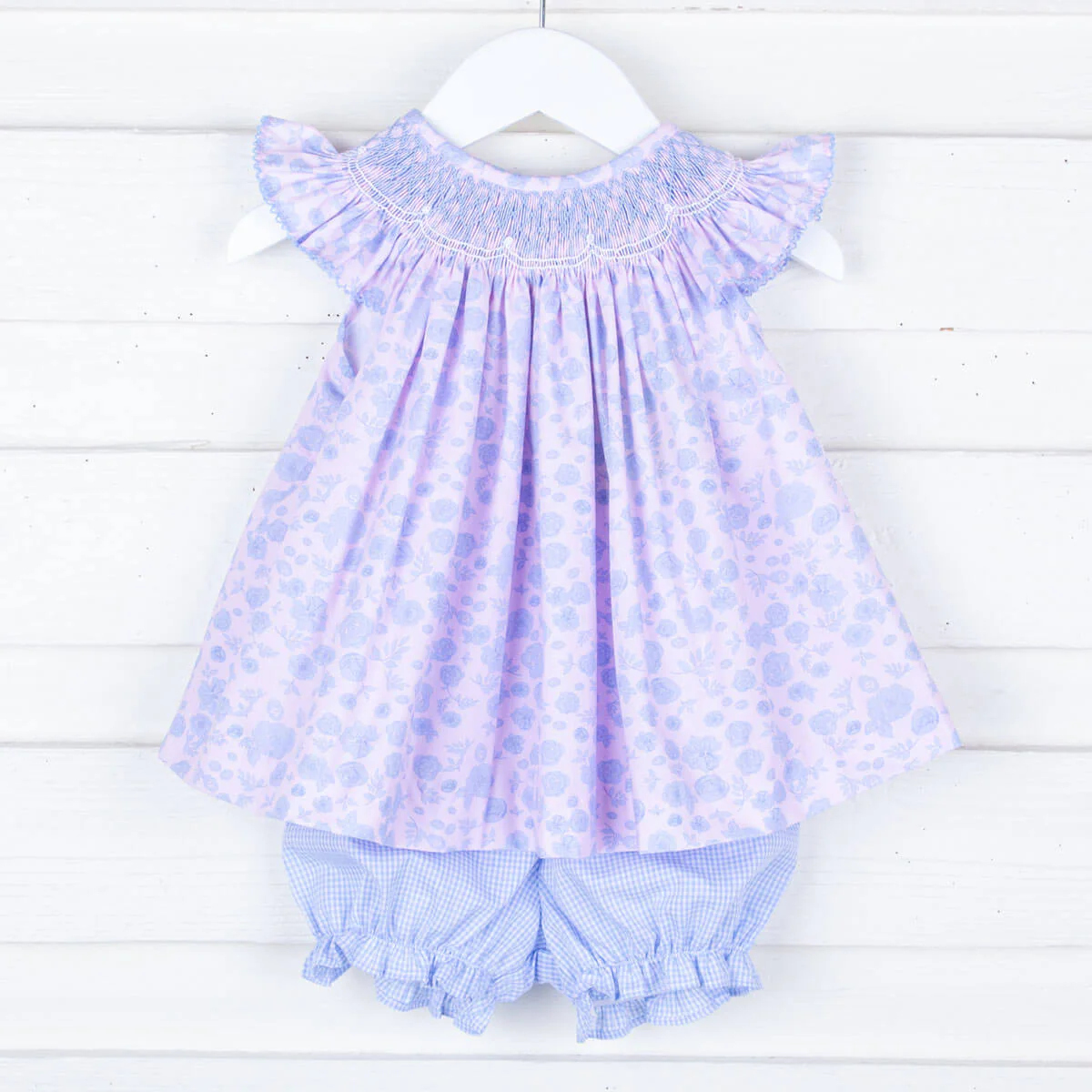 Geometric Smocked Blue Floral Bloomer Set