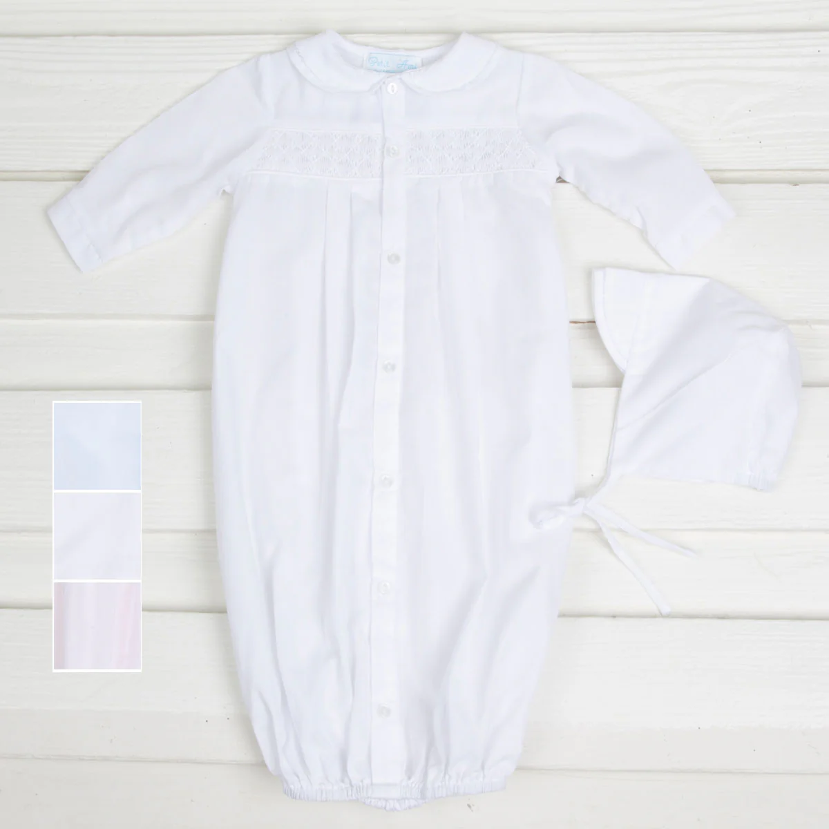 Geometric Smocked Long Sleeve Gown and Bonnet Set