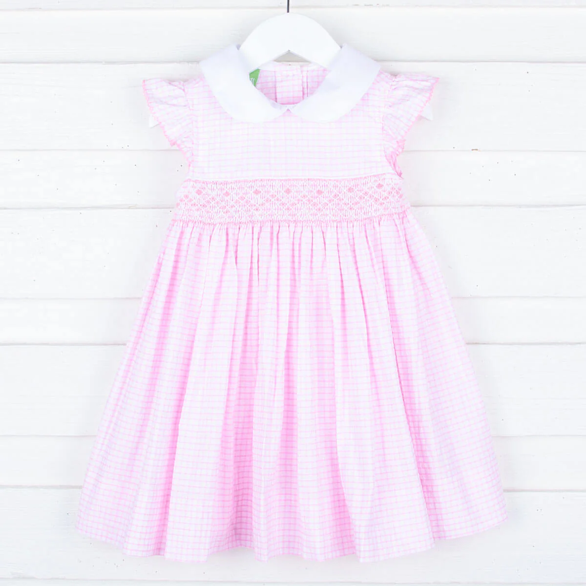 Geometric Smocked Pink Windowpane Collared Dress