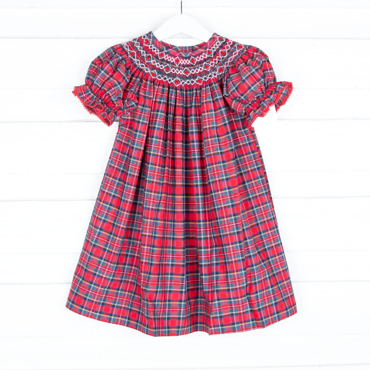 Geometric Smocked Red Plaid Bishop Dress