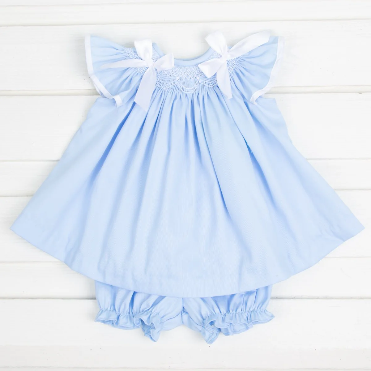 Geometric Smocked Ribbon Bloomer Set Blue Pique