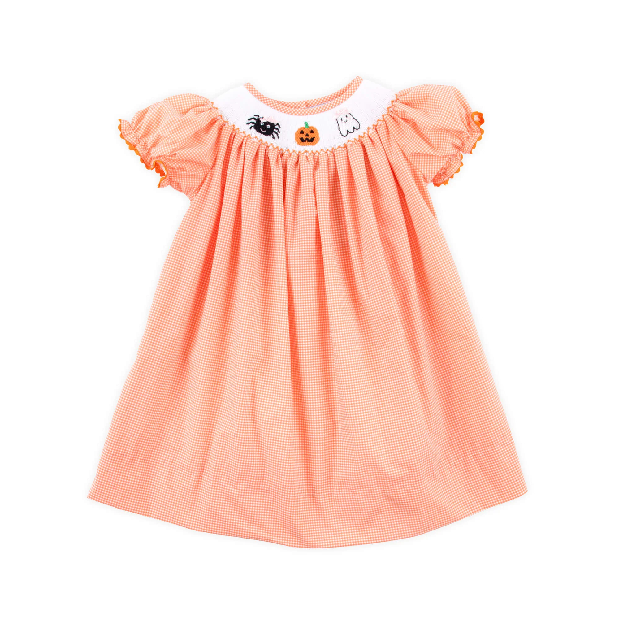 Scary Smocked Orange Gingham Bishop Dress - Image 2