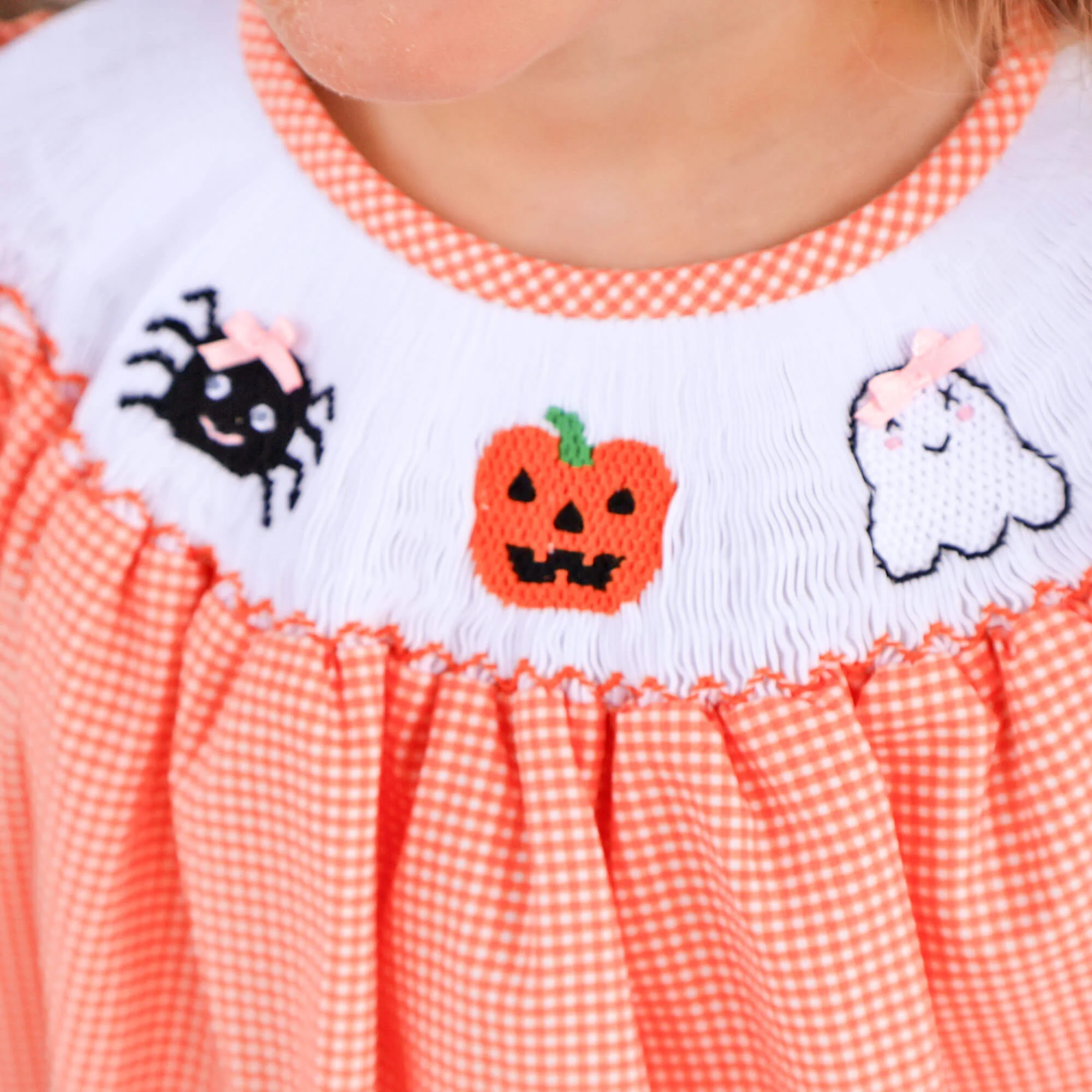 Scary Smocked Orange Gingham Bishop Dress - Image 3