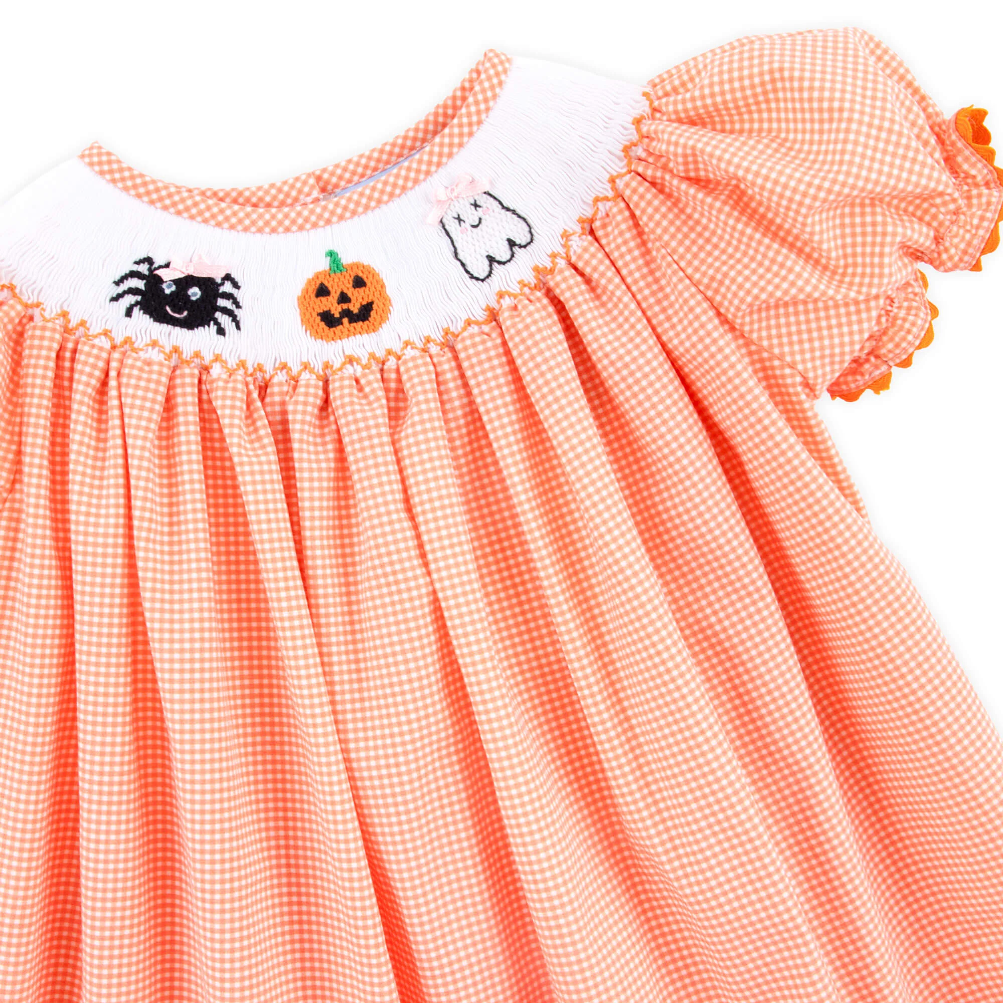 Scary Smocked Orange Gingham Bishop Dress - Image 4