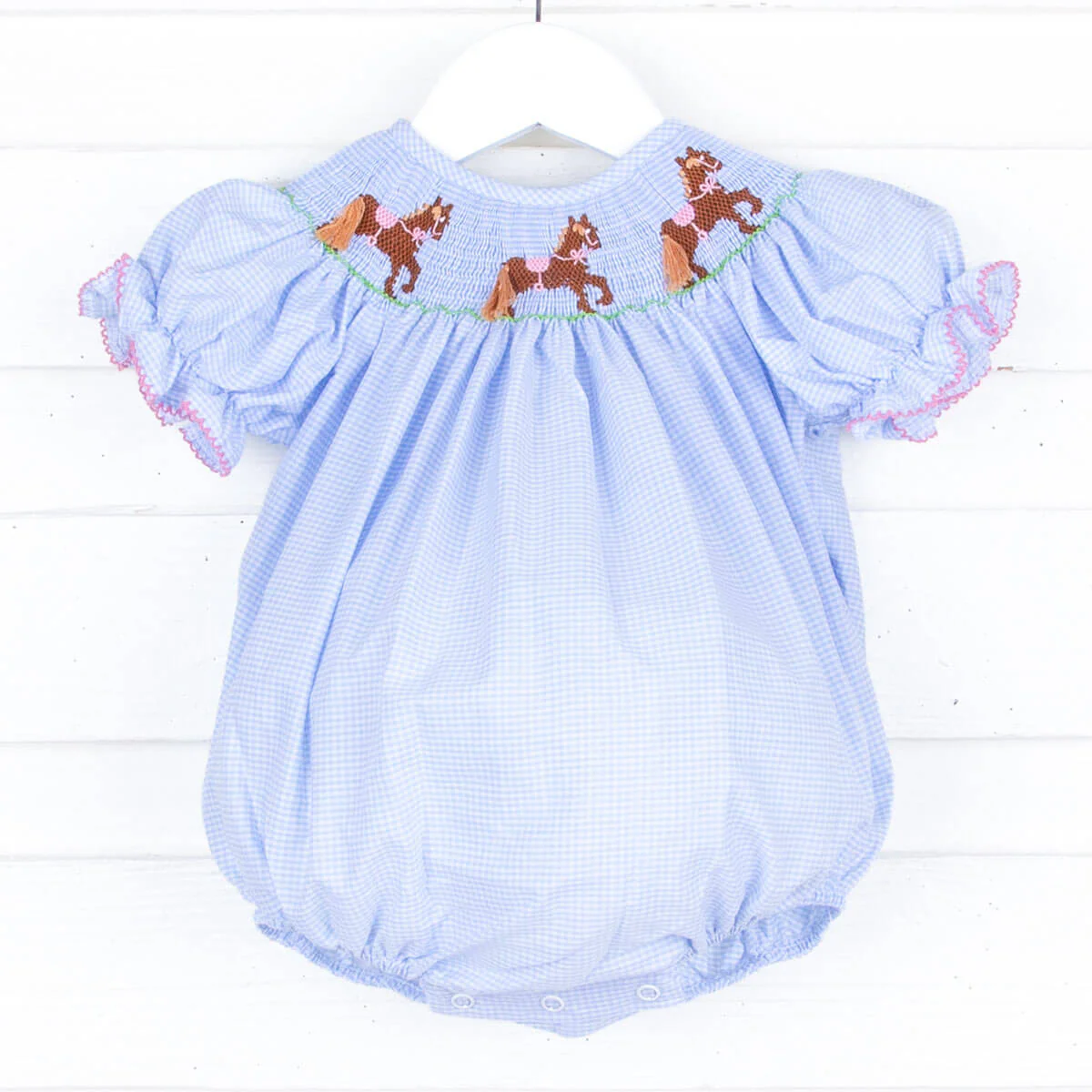 Horse Smocked Light Blue Bubble