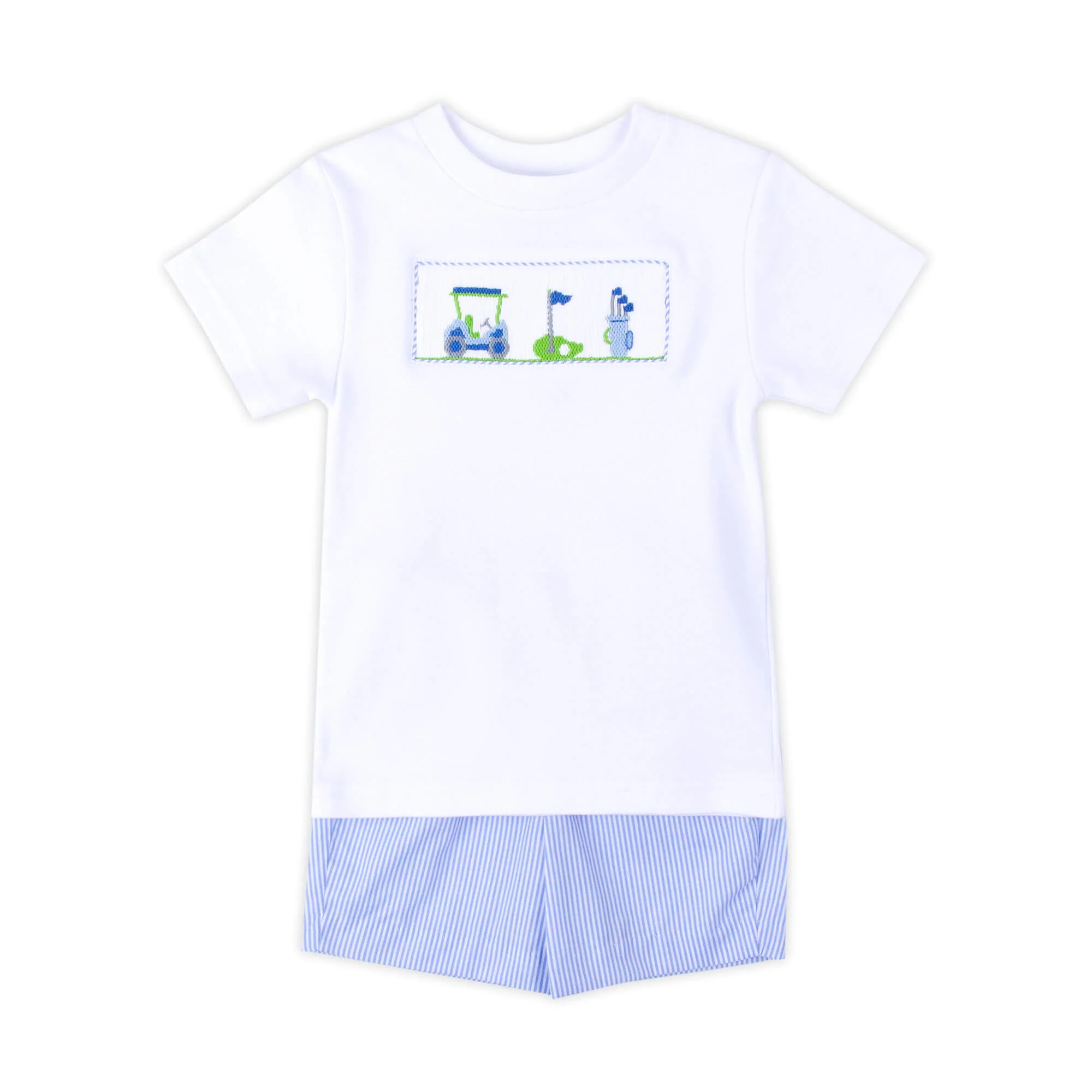 Golf Course Blue Stripe Smocked Short Set