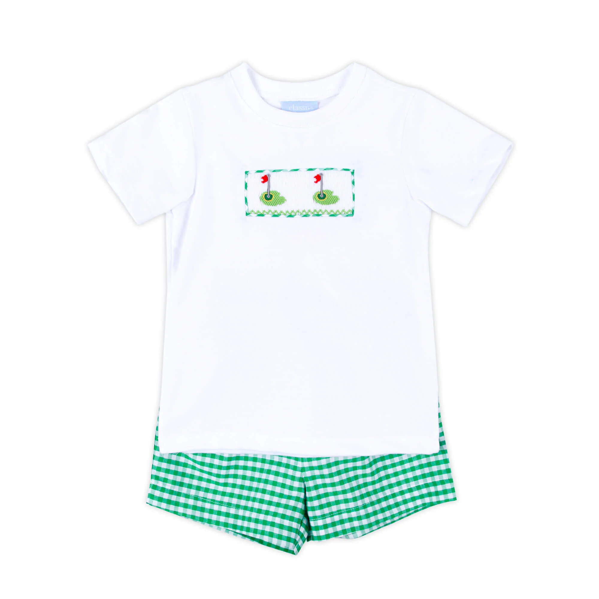 Golf Pin Green Gingham Smocked Short Set