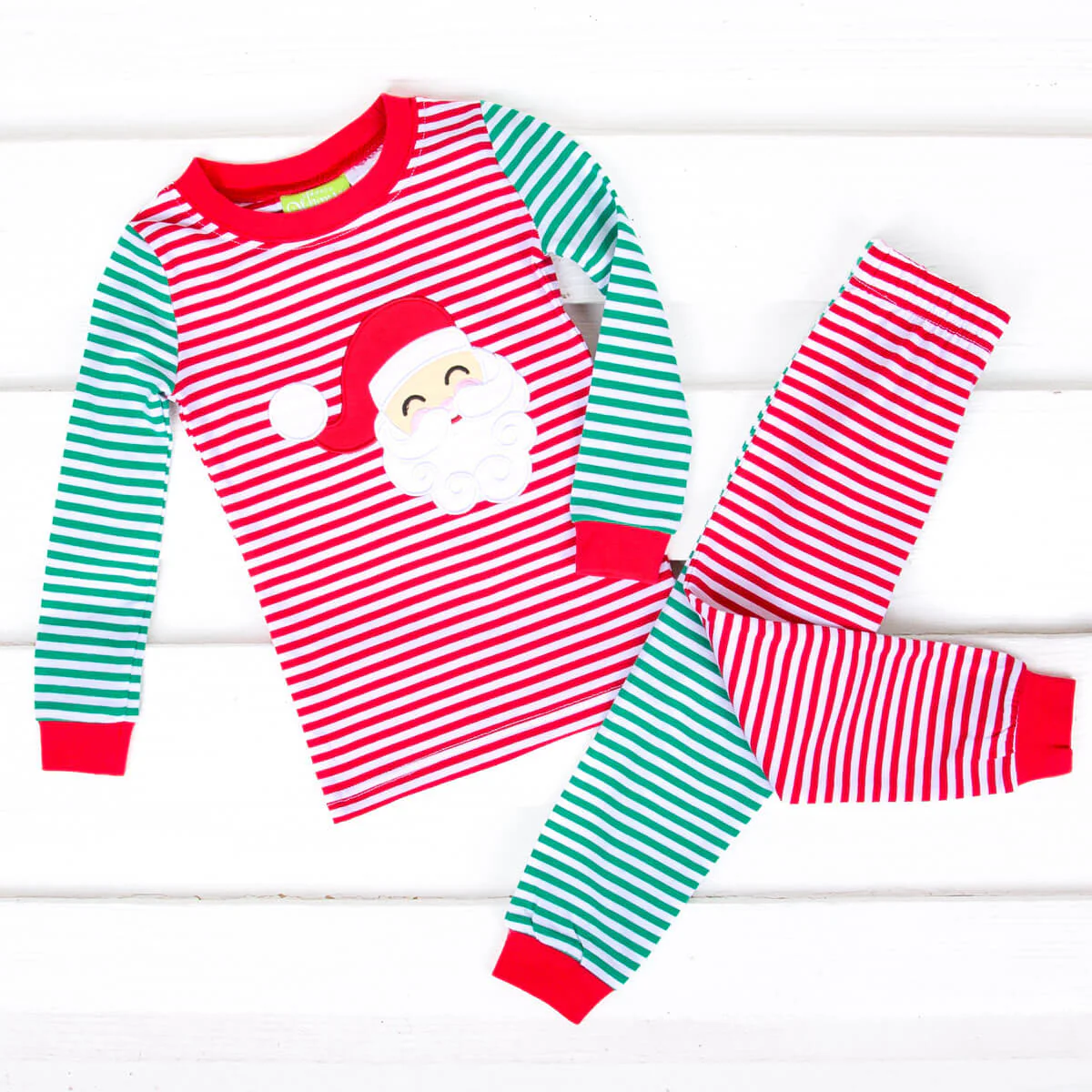 Happy Santa Red & Green Stripe Pajamas - Image 3