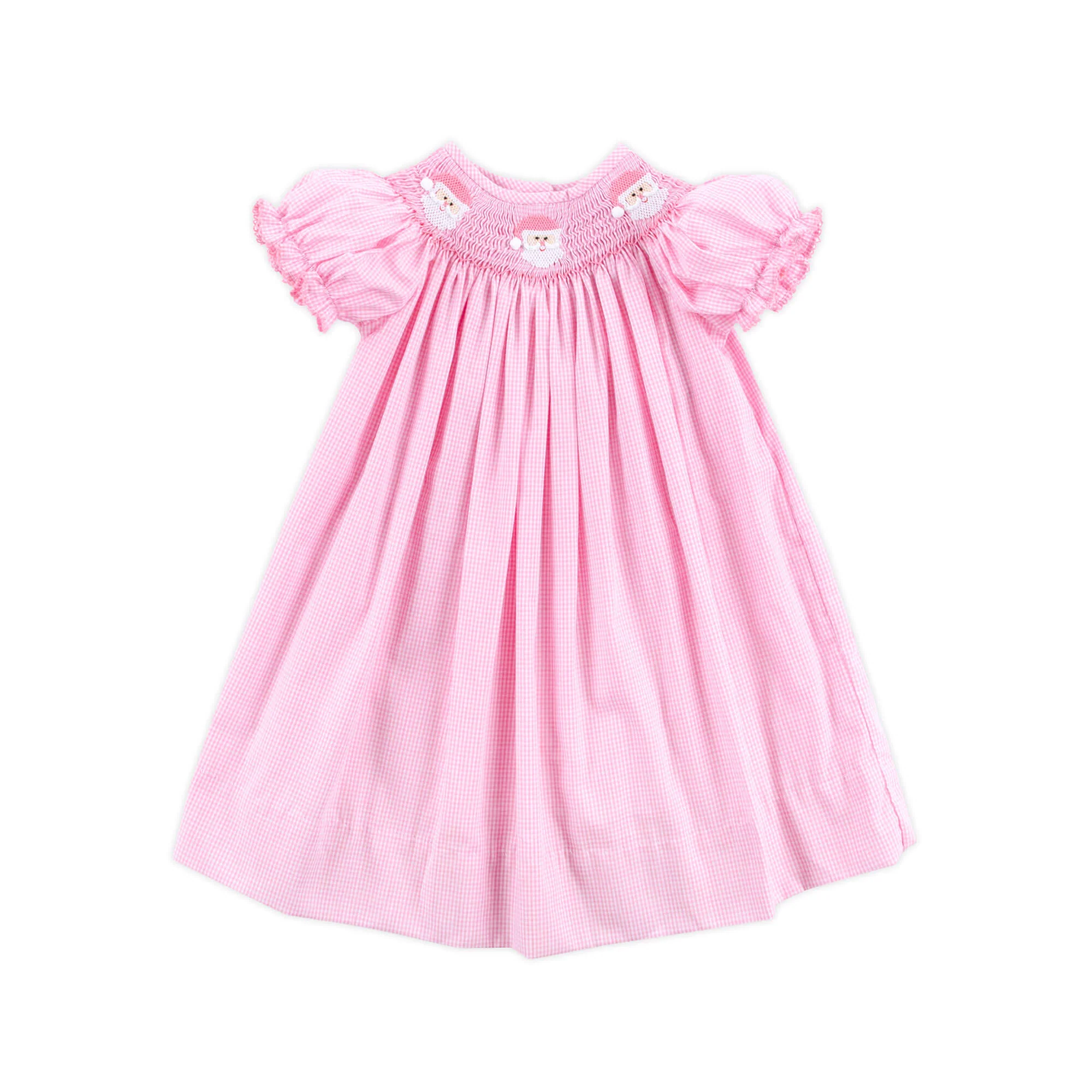 Happy Santa Smocked Pink Gingham Bishop Dress
