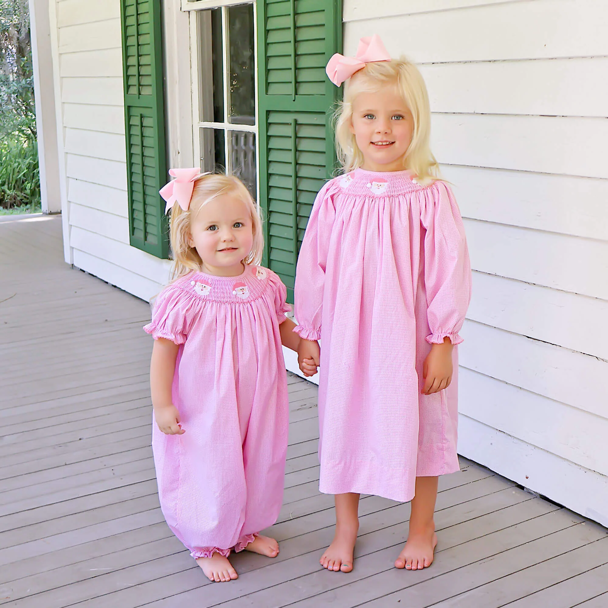 Happy Santa Smocked Pink Gingham Long Bubble - Image 5