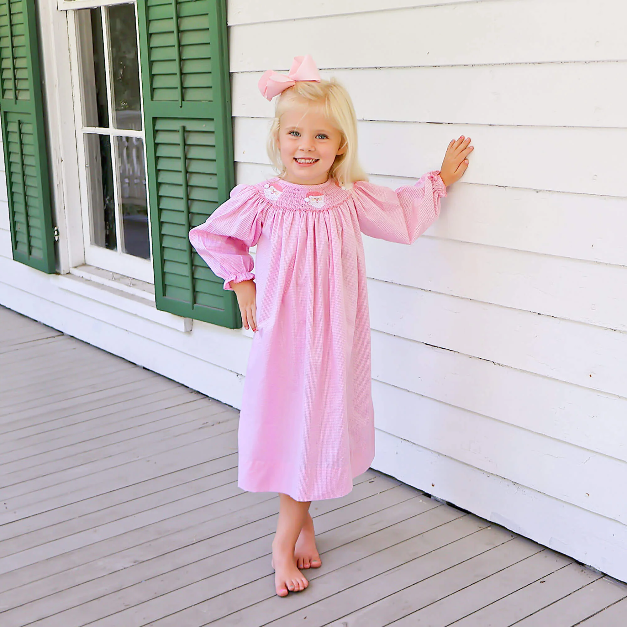 Happy Santa Smocked Pink Gingham Long Sleeve Bishop Dress