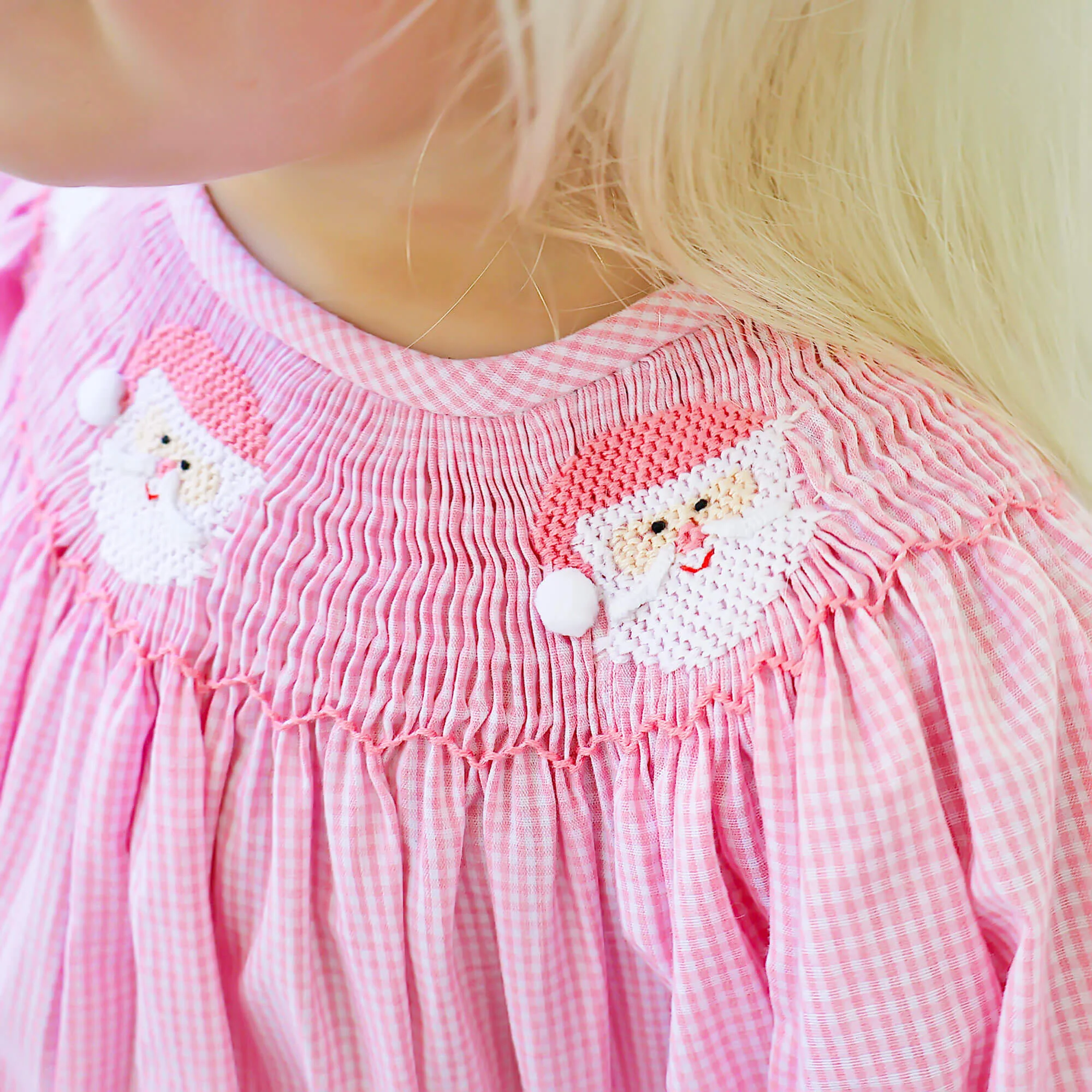 Happy Santa Smocked Pink Gingham Long Sleeve Bishop Dress - Image 3
