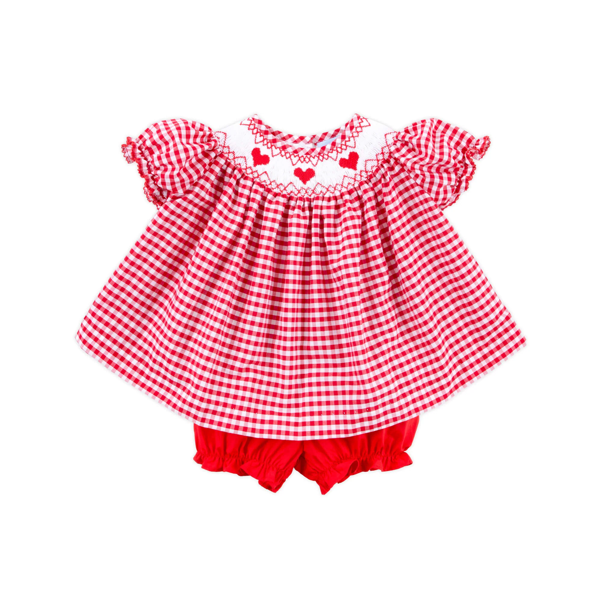 Heart Smocked Red Check Bloomer Set